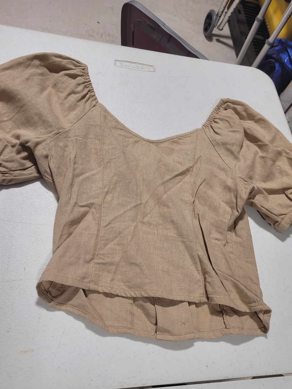 Express Beige Puff-Sleeve Button-Front Blouse - Picture 3 of 3